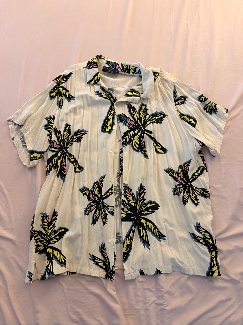No Boundaries White Button-Up Shirt with Yellow & Pink Palm Print